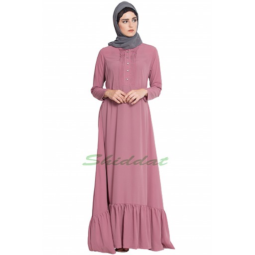 Frilled abaya dress with pin tucks- puce pink